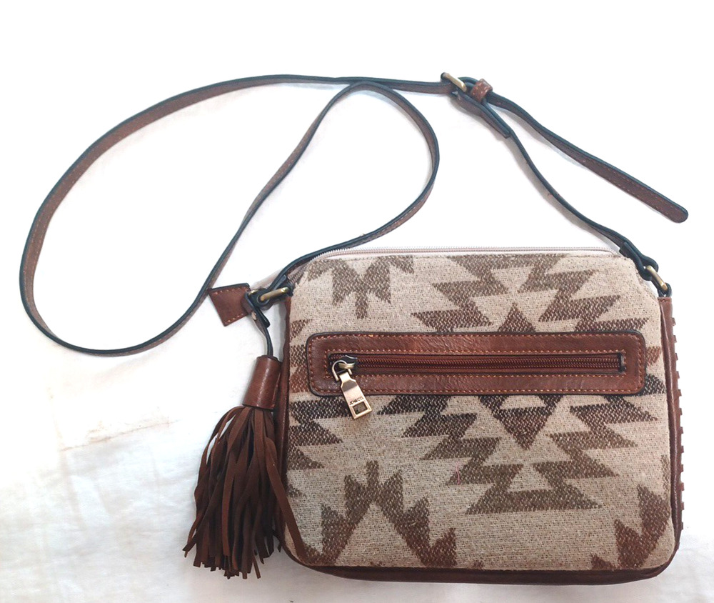 Jen & Co Aztec Southwest Brown Tribal Fabric Vegan Crossbody Bag Purse 9x8
